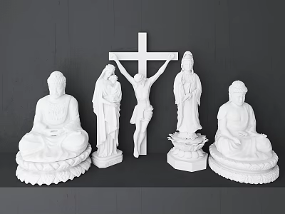 Religious Sculpture Carvings Featuring Buddha Statues Jesus Cross And Standing Figures 3d model