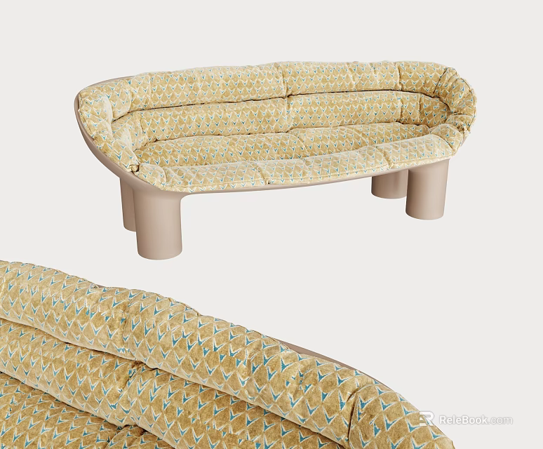 Yellow Fabric Sectional Sofa With Geometric Pattern Curved Backrest And Cylindrical Legs 3d model 