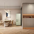 Modern Dining and Living Room Interior With Wooden Ceiling Gray Cabinets And Large Windows