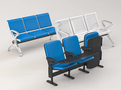 Modern Public Chairs With Blue Seats Metal Frames And Various Styles 3d model