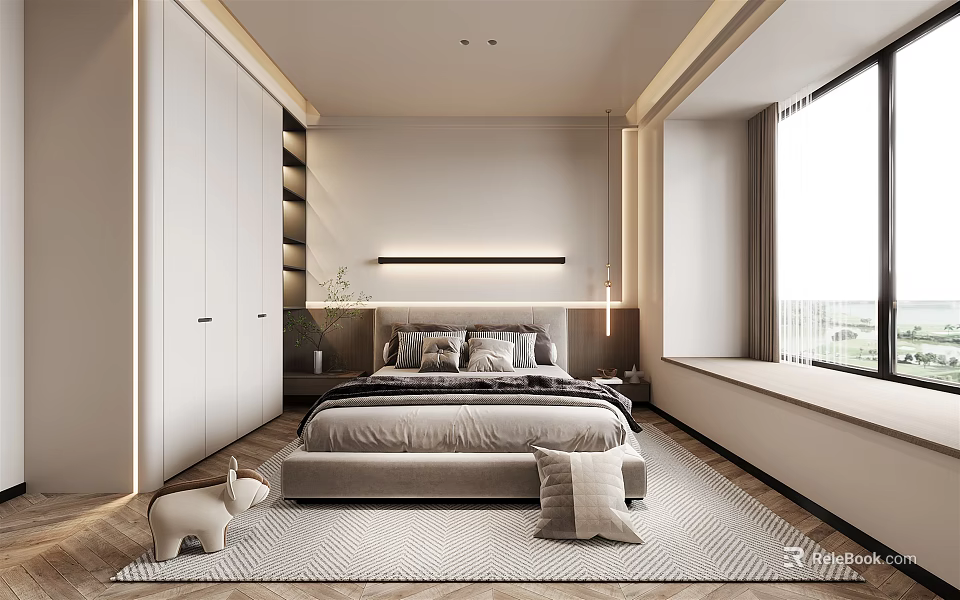 Modern Bedroom Interior With Large Bed Built in Wardrobe and Floor to Ceiling Window 3d model