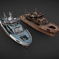 Modern White Red Stripe Ship With Rusted Vintage Vessel And Deck Facilities