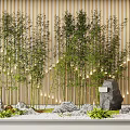Lush Green Bamboo Plants with Wooden Slat Wall Stones Small Greenery and Soft Lighting