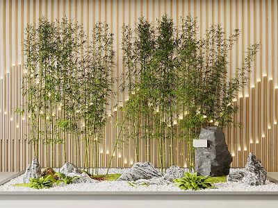 Lush Green Bamboo Plants with Wooden Slat Wall Stones Small Greenery and Soft Lighting 3d model