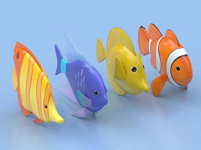 Colorful Plastic Aquatic Animal Fish Toys With Orange Blue Yellow And Clownfish Features 3d model
