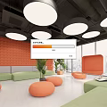 Modern Relaxation Area With Orange Wall Green Sofas Orange Round Ottomans And White Pendant Lights