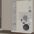 Modern White Balcony Cabinet With Built-in Washing Machine Round Mirror Open Shelves And Lighting