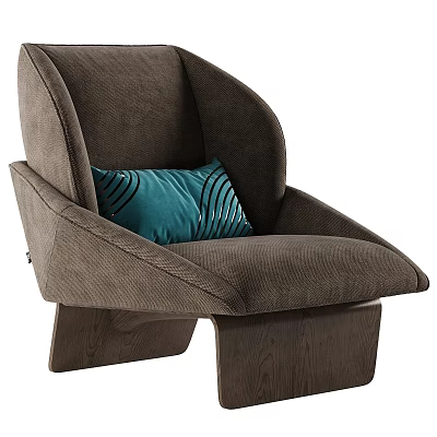 Modern Brown Velvet Single Seater Sofa With Blue Pillow And Wooden Legs 3d model