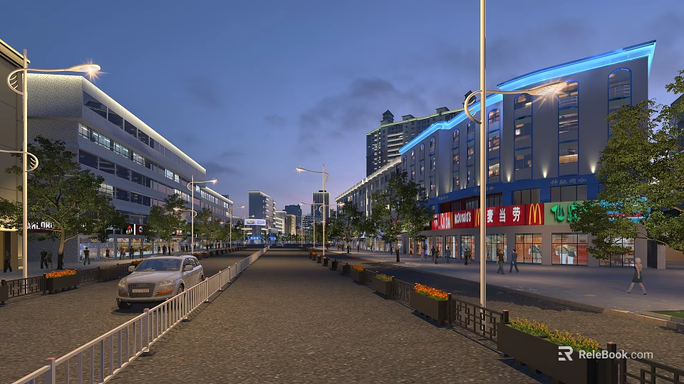 Evening View of Commercial Street with Street Lamps Buildings Shop Signs Cars and Pedestrians 3d model 