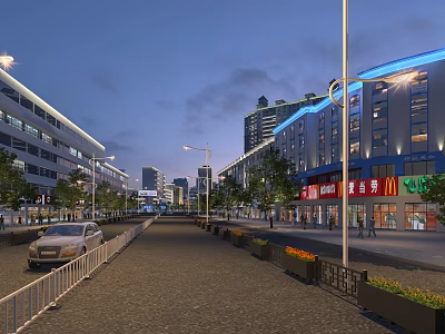 Evening View of Commercial Street with Street Lamps Buildings Shop Signs Cars and Pedestrians 3d model