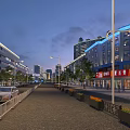 Evening View of Commercial Street with Street Lamps Buildings Shop Signs Cars and Pedestrians