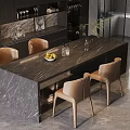 Elegant Modern Dining Table With Marble Top Beige Chairs Fruit Bowl Vase And Dark Cabinets