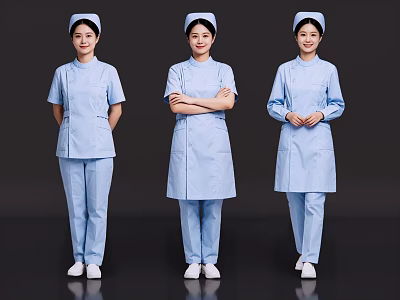 Three Nurses in Blue Medical Uniforms with Nurse Caps Standing in Different Poses 3d model