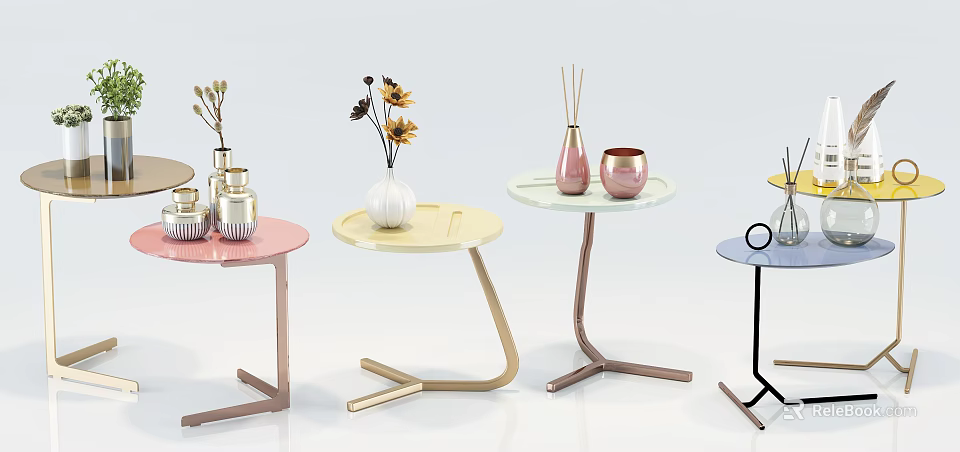 Round Side Tables with Metal Frames and Decorative Vases in Soft Colors 3d model
