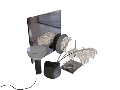 Stylish Decorative Ornament Set With Mirror Lamp Pampas Grass And Tray 3d model
