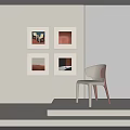 Four Square Abstract Paintings White Framed With White Chair Against Orange Gradient Background