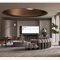Elegant Modern Living Room Interior With Round Sofa Arched Windows Green Plants And Herringbone Flooring