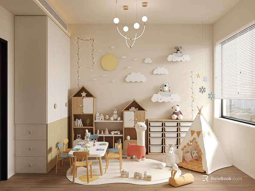 Modern Kids Room With Cloud Sun Star Decor Table Chairs Teepee Tent And Storage Cabinets 3d model 