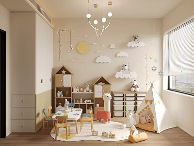 Modern Kids Room With Cloud Sun Star Decor Table Chairs Teepee Tent And Storage Cabinets 3d model