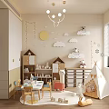 Modern Kids Room With Cloud Sun Star Decor Table Chairs Teepee Tent And Storage Cabinets