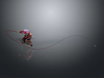 Dynamic Game Movie Character In Red Armor Swinging Rope Weapon On Dark Background 3d model