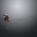 Dynamic Game Movie Character In Red Armor Swinging Rope Weapon On Dark Background