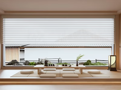 Japanese Style Tea Room Interior With Garden View Tea Table And Floor Cushions 3d model