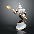 Game Film Robot Character Holding Golden Spoon Pouring Black Liquid Into White Golden Rimmed Cup