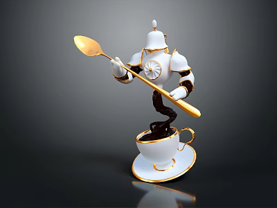 Game Film Robot Character Holding Golden Spoon Pouring Black Liquid Into White Golden Rimmed Cup 3d model