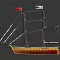 Model Sailing Ship with Multiple Masts White Sails and Colored Flags Orange Yellow Hull Design