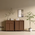 Poliform Modern Brown Wooden Chest of Drawers With Decorative Items Framed Art And Potted Plant