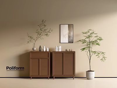 Poliform Modern Brown Wooden Chest of Drawers With Decorative Items Framed Art And Potted Plant 3d model