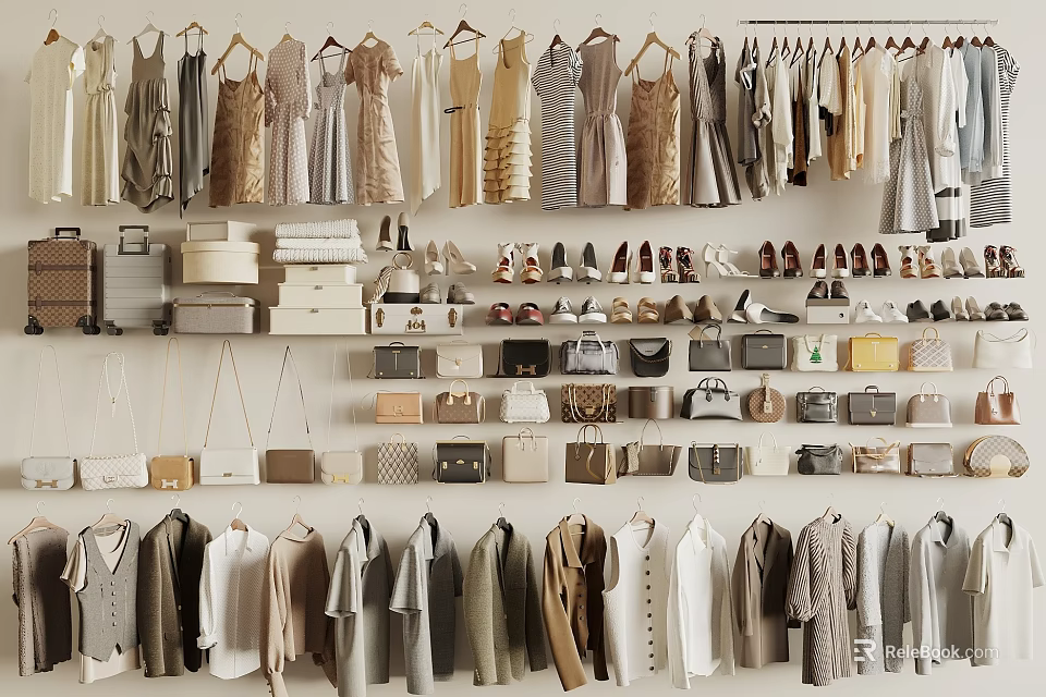 Organized Clothes Hanging Display With Various Styles Neutral Tones And Accessories Like Shoes Bags 3d model 