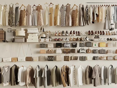 Organized Clothes Hanging Display With Various Styles Neutral Tones And Accessories Like Shoes Bags 3d model