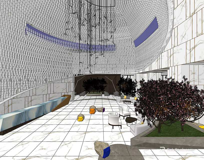 Modern Hotel Lobby Interior With Marble Floor Decorative Ceiling Sofas And Green Plants 3d model 