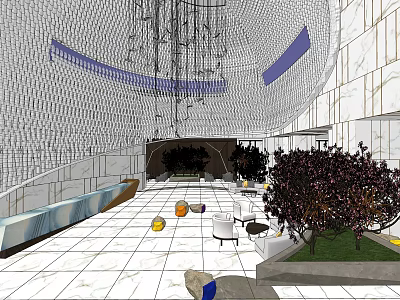 Modern Hotel Lobby Interior With Marble Floor Decorative Ceiling Sofas And Green Plants 3d model
