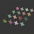 Multiple Colorful Pinwheels Decorated Display Shelf On Black Background With Reflections