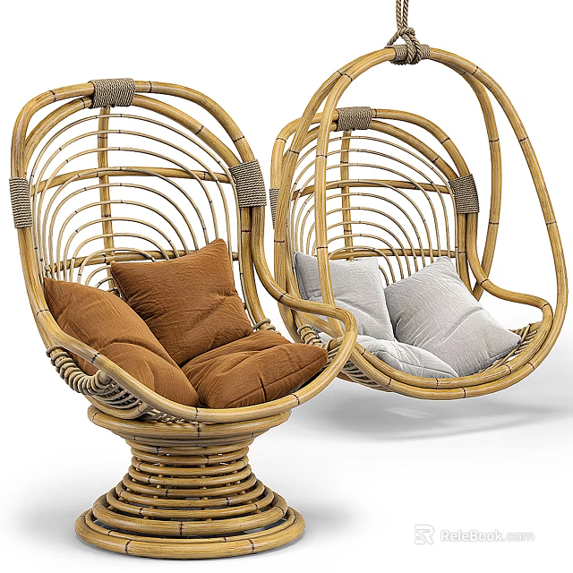 Rattan Hanging Chairs with Brown and Gray Cushions Woven Design for Cozy Spaces 3d model 