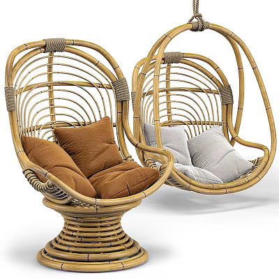 Rattan Hanging Chairs with Brown and Gray Cushions Woven Design for Cozy Spaces 3d model