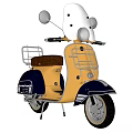 Vintage Yellow and Navy Blue Scooter With White Windshield Brown Leather Seat and Chrome Rack
