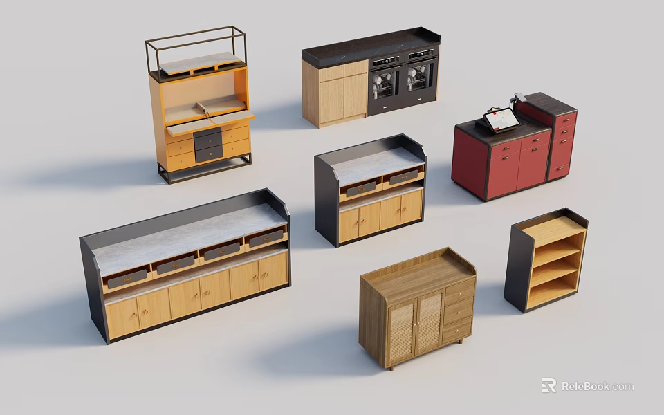 Assorted Modern Kitchen Storage Cabinets With Wooden Drawers Shelves And Metal Frames 3d model 