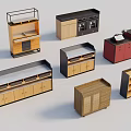 Assorted Modern Kitchen Storage Cabinets With Wooden Drawers Shelves And Metal Frames