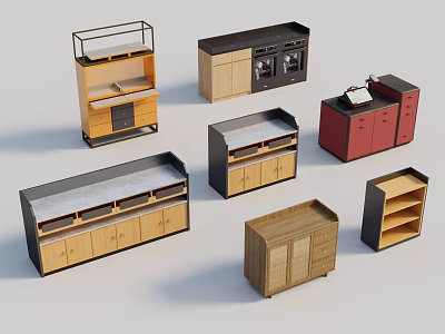 Assorted Modern Kitchen Storage Cabinets With Wooden Drawers Shelves And Metal Frames 3d model
