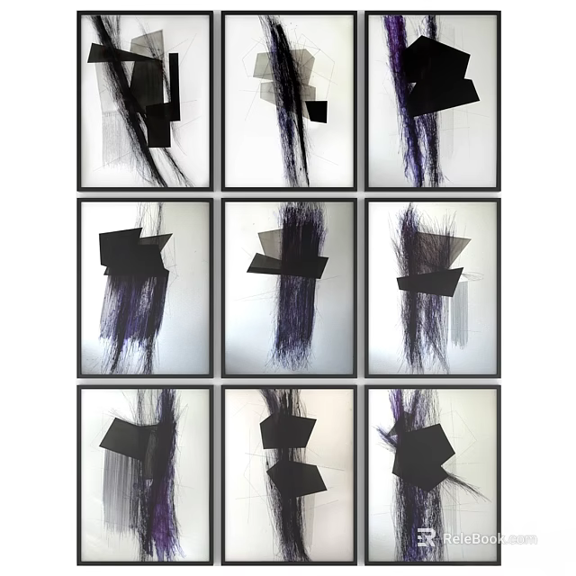 Multiple Photo Frames With Abstract Black Geometric Shapes And Purple Fibers In Grid Layout 3d model 