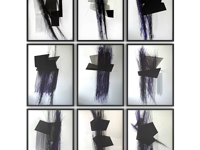 Multiple Photo Frames With Abstract Black Geometric Shapes And Purple Fibers In Grid Layout 3d model