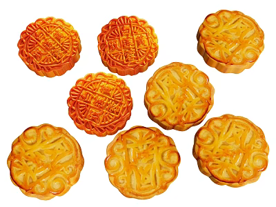 Traditional Golden Mooncakes With Decorative Patterns Arranged On White Background 3d model