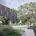 Modern Garden Landscape With Large Tree Green Plants Seating Steps And Water Feature