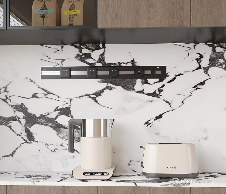 Modern Kitchen With Marble Backsplash Showing Electric Kettle Toaster And Kitchen Appliances On Countertop 3d model 