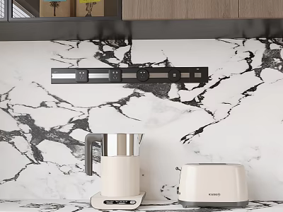 Modern Kitchen With Marble Backsplash Showing Electric Kettle Toaster And Kitchen Appliances On Countertop 3d model