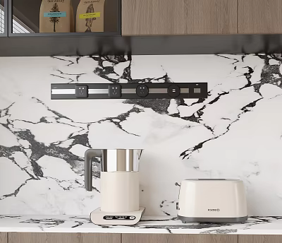 Modern Kitchen With Marble Backsplash Showing Electric Kettle Toaster And Kitchen Appliances On Countertop 3d model